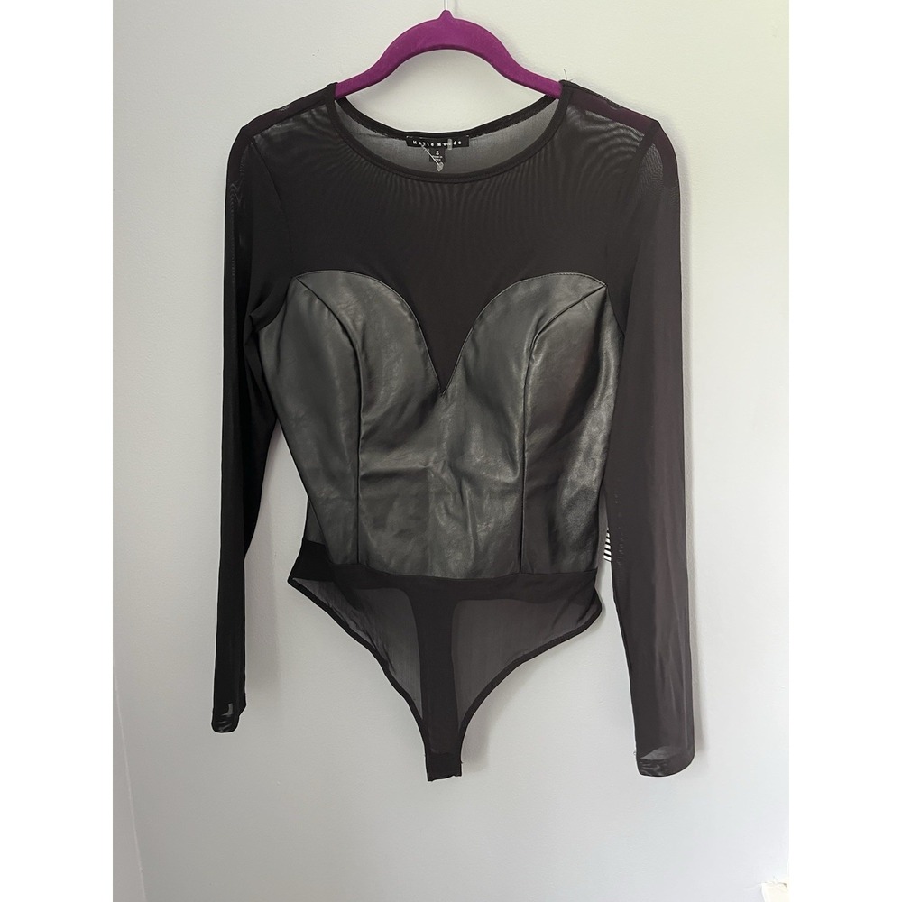 Haute Monde Women's Black Bodysuit Faux Leather Long Sleeve SemiSheer Size S NWT